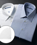 Ten Pack Plastic Collar Stays With White Tips For Mens Dress Shirts And Suits displayed with two dress shirts.