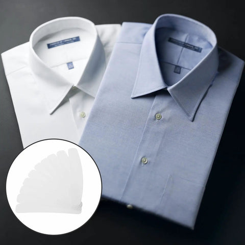 Ten Pack Plastic Collar Stays With White Tips For Mens Dress Shirts And Suits displayed with two dress shirts.