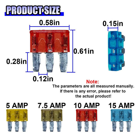 Diagram of 20 Pack Micro 3 Prong Car Blade Fuses Kit With Clear Window Inserts, showing dimensions and amp ratings for auto use.