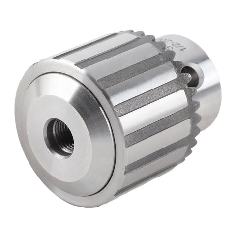 Killer Keyed Drill Chuck For Power Tools, heavy duty metal body with tightening key, 1/2 20 unf mount thread detail view.