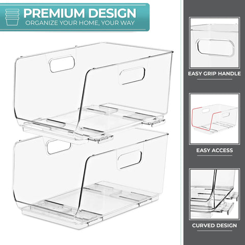 Stackable Open Front Storage Bins For Kitchen And Pantry Organization Clear Pantry Organizer Bins Medium Set Of Four Easy Grab Bins For Fridge Cabinets And Shelves