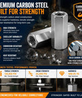 Eight Piece 3/8 Inch Hex Coupling Nuts For Threaded Rods Heavy Duty Carbon Steel Construction 3/8-16 Coarse Threads showing durability and features.