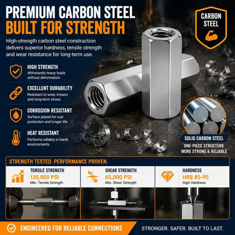 Eight Piece 3/8 Inch Hex Coupling Nuts For Threaded Rods Heavy Duty Carbon Steel Construction 3/8-16 Coarse Threads showing durability and features.