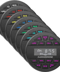Front view of waterproof Bluetooth amplifier remote controls with FM/AM and USB features for car and ATV audio systems.