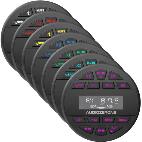Front view of waterproof Bluetooth amplifier remote controls with FM/AM and USB features for car and ATV audio systems.
