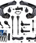 Front End Kit For 2001-2004 Chevy Silverado And GMC Sierra 2500 4x4 4WD Upgrade Includes 2 Front Upper Control Arms With Ball Joints 2 Front Lower Ball Joints 2 Sway Bar Links 4 Front Tie Rods And Pitman Arm. Black suspension parts laid out on white background