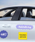 Car with magnetic sheets on door displaying "favorite" and "trainee driver" signs, using non adhesive magnetic sheets, eight and a half by eleven inches, six pack.
