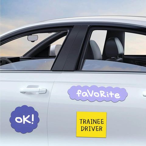 Car with magnetic sheets on door displaying "favorite" and "trainee driver" signs, using non adhesive magnetic sheets, eight and a half by eleven inches, six pack.
