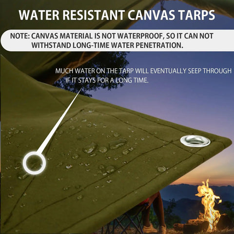 Canvas Tarp 12x16 Heavy Duty Workhorse Water Resistant With Grommets UV Resistant 22 Mil Thick 14 oz, close-up with water droplets.