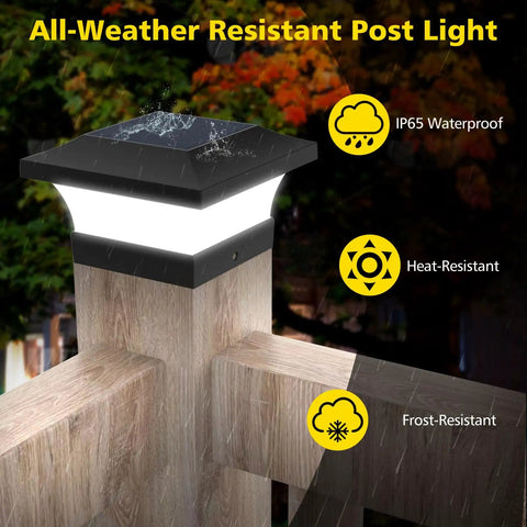 Brighten Your Outdoor Space With Solar Post Cap Lights For 4x4 Wooden Posts Waterproof LED 6000K Cool White showing all-weather features.