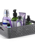 Durable Gray Plastic Storage Baskets 8 Pack With Ventilated Design holding toiletries in a woven gray basket