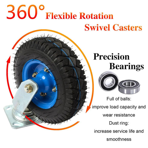 Heavy Duty Rubber Caster Wheels Set Of Four With Reliable Parking Brakes And True 360 Swivel Plates For Rolling Tool Boxes and Home Furniture Rolls Smooth On Any Surface - close-up of a rubber wheel with blue metal plate.