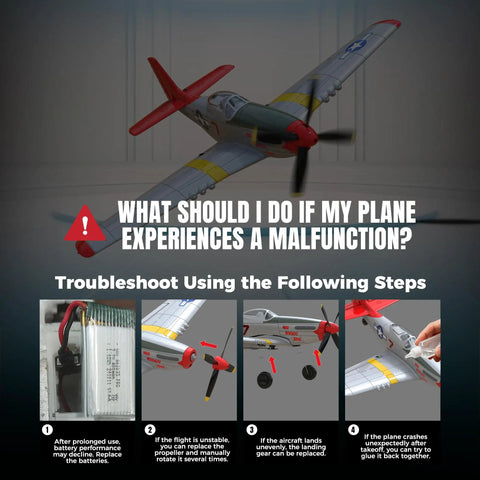 4 Channel RC Plane With 6 Axis Gyro steps for troubleshooting malfunctions with P51D Mustang style, visible in flight mode.
