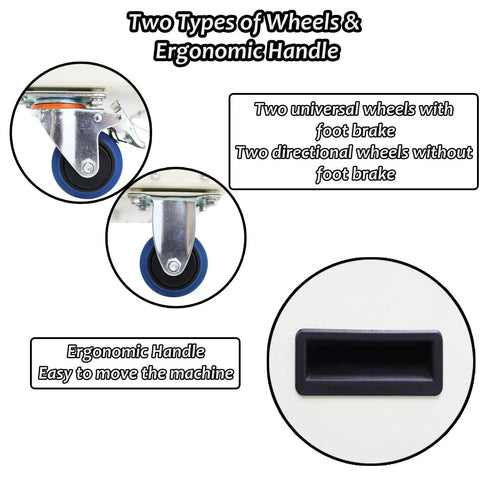 Two types of wheels and ergonomic handle detail for Heavy Duty Mobile Air Conditioner Brings The Cool With A Major 15400 BTU Punch.