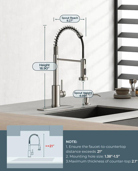 Brushed Nickel Kitchen Faucet With Pull Down Sprayer Stainless Steel Commercial Single Handle Spring Faucet in modern kitchen