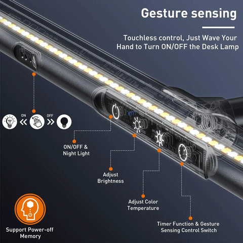 Close-up of Ultra Bright Thirty One And A Half Inch LED Desk Lamp control panel with gesture sensor for brightness and color adjustment