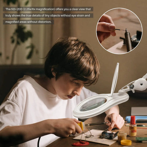 Child using Bifocal LED Magnifying Lamp with Clamp for DIYers, 5 Diopter Plus 20 Diopter, working on electronics project