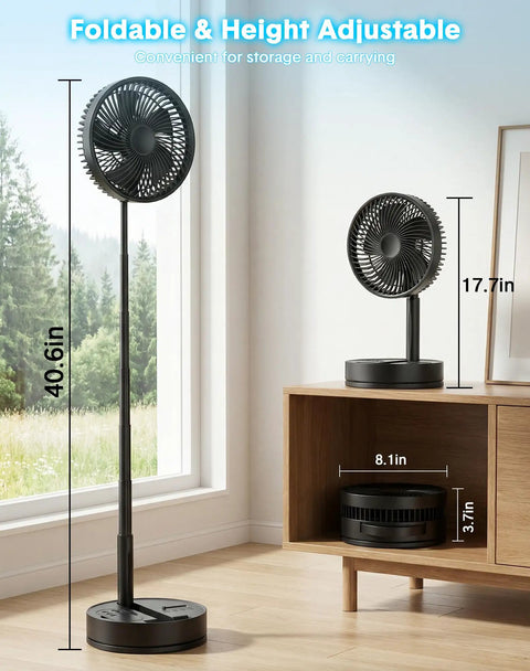 Boss Level All In One Portable Oscillating Fan with Eight Inch Head displayed in foldable and height adjustable positions