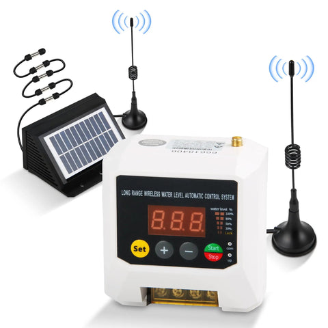Long-Range Wireless Automatic Water Level Controller for Tank, Well and Cistern, solar-powered display, antennas