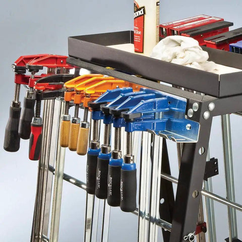 F Style Clamp Rack For Wood Clamps Heavy Duty Wall Mount Organizer In Galvanized Steel Keeps Clamps Handy And Neat Stores Clamps Up To 0.30 Inches Wide Perfect Workshop Storage Solution, showing colorful clamps neatly organized.