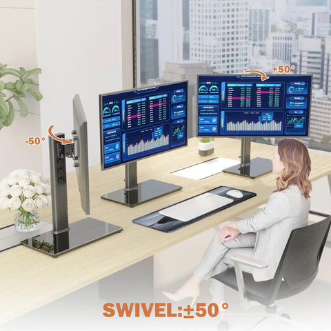 Side view of Free Standing Monitor Stand Riser For 13 To 32 Inch LCD Screen With Swivel Height Adjustable Rotation And VESA Compatibility 50x50 75x75 100x100 Holds One Screen Up To 77 Lbs showing tilt angle on office desk.