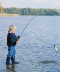 Child fishing in lake using portable kids fishing rod set 2 pack telescopic poles with rod and reel combos in blue.