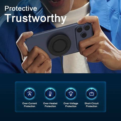 Person using 15W Magnetic Wireless Charger Pad For Galaxy S21 Through S26 And Pixel Pro Phones with safety features displayed