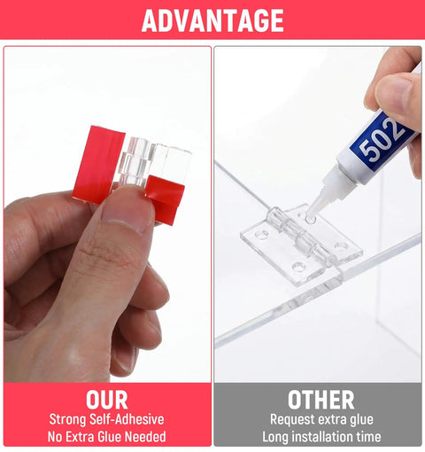 Dope Self Adhesive Clear Acrylic Hinges Pack of 16 showing strong adhesive versus glue application