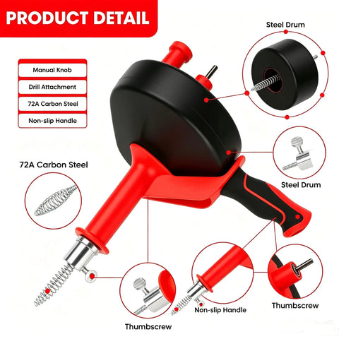 42 Foot Beast Mode Drain Snake And Hair Clog Remover, Drill Powered Plumbing Auger For Kitchen And Bath, Red handle and steel drum details.