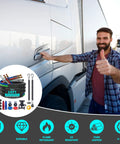 Person next to semi truck promoting 15 Foot Red And Blue 3 In 1 Air Line Kit For Semi Truck With Gladhand Holder And Springs Kit And 7 Way Trailer Cord All In One Air Lines Set For Trailer And Tractor Easy Hook Up And Durable with product image overlay.
