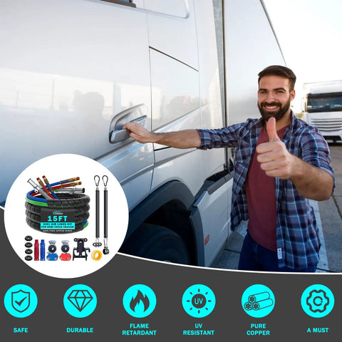 Person next to semi truck promoting 15 Foot Red And Blue 3 In 1 Air Line Kit For Semi Truck With Gladhand Holder And Springs Kit And 7 Way Trailer Cord All In One Air Lines Set For Trailer And Tractor Easy Hook Up And Durable with product image overlay.
