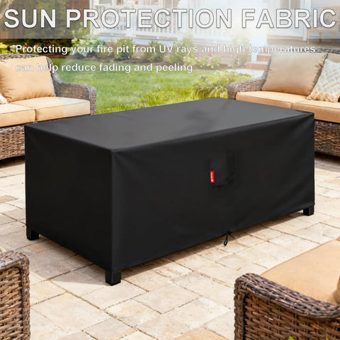 Rectangular Fire Pit Cover Fits 44 Inch Fire Table Waterproof And UV Resistant 600D Built Tough black cover on patio