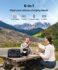 Couple using Portable 204Wh LiFePO4 Solar Generator With Two 300W AC Outlets Six Output Ports Turbo Charge outdoors
