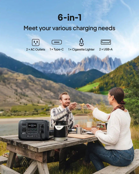 Couple using Portable 204Wh LiFePO4 Solar Generator With Two 300W AC Outlets Six Output Ports Turbo Charge outdoors