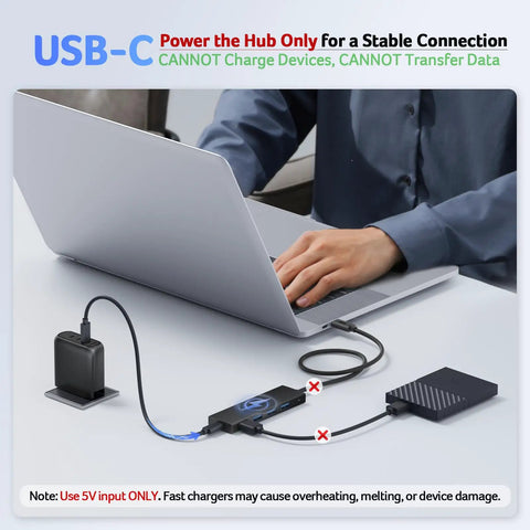 Four Port USB 3.0 Hub With 5Gbps Transfer, Laptop And PC Extender, Power Port Enabled connected to a laptop with devices
