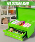 10 Inch Mini Portable Steel Tool Box With Drawer In Green For Garage Or Workbench Lightweight Metal Tool Chest Rust Proof Steel With Green Powder Coat Perfect For Home Tools And Small Parts Organization, open showing cosmetics
