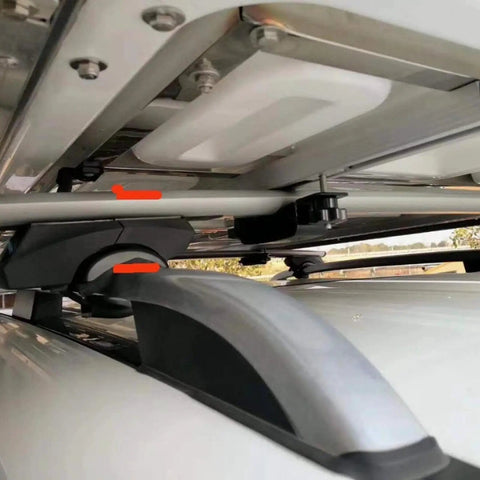 Close-up of Rooftop Tent Mount Bracket Kit with Quick Release Clamp for roof racks and crossbars on SUV, heavy duty installation