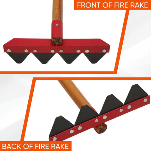 Front and back view of 55 Inch Fire Rake With Locust Wood Handle, Heavy Duty Wildland Firefighting Tool, 12.2 Inch Wide Head.