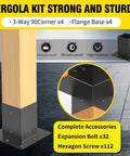 Close-up of Heavy Duty Steel 3-Way Pergola Brackets Kit for 3.5x3.5 Inch Lumber, showing flanged base and post mount.