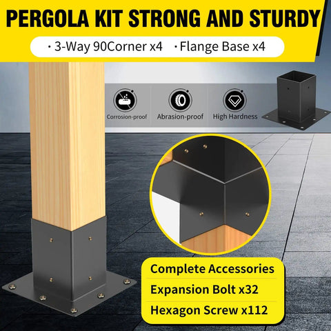 Close-up of Heavy Duty Steel 3-Way Pergola Brackets Kit for 3.5x3.5 Inch Lumber, showing flanged base and post mount.