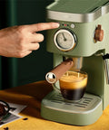 Retro Green Coffee Machine With Milk Frother And Capsule Pod Brew Your Daily Brew Espresso Maker For Home Kitchen in use