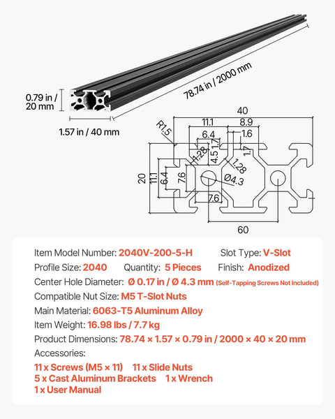 Five Piece 2040 Aluminum Extrusion Profile Kit With 2000 Mm Length And Anodized Black V Slot Linear Rail dimensions and details.
