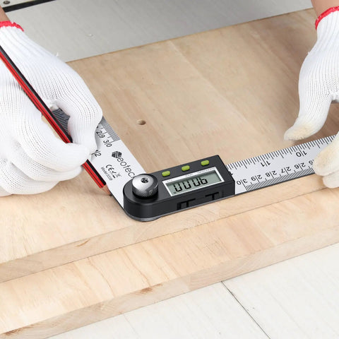 Heavy Duty Stainless Steel Digital Angle Finder And Precision Protractor Ruler measuring an angle on wood with a clear LCD readout.