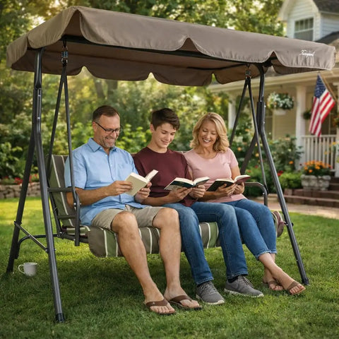Three Seat Outdoor Patio Swing With Adjustable Canopy Heavy Duty Steel Frame Weather Resistant Build Removable Cushions For Porch Patio Garden Or Poolside Lime Stripe Lounge Setup with family seated and reading