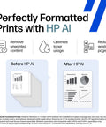 Side-by-side comparison of printed documents before and after using HP AI, highlighting efficiency improvements.