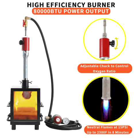 Portable Propane Forge For Blacksmithing And Knife Making, Next Gen Heat Insulation shown with 80000 BTU burner and control features.