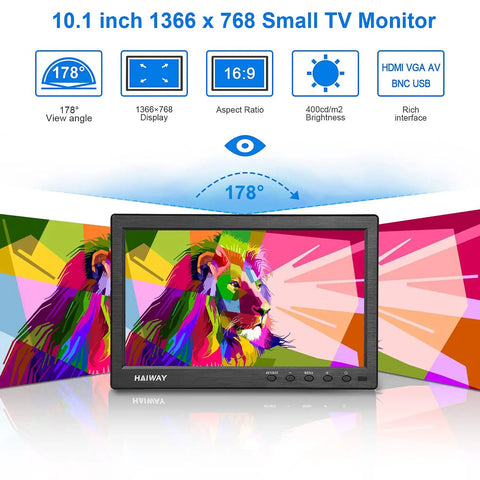 10.1 Inch Mini Security Monitor With Remote And Dual Speakers For Gaming CCTV Raspberry Pi PC, HD 1366x768 Display