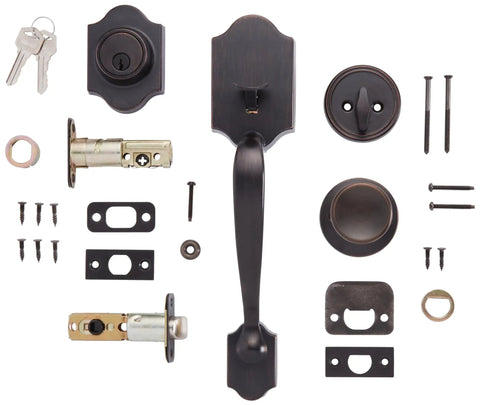 Front Door Lock Set With Tulip Knob In Oil Bronze Single Cylinder Grade Three Security Fits Standard Doors 1 3 8 To 1 3 4 Inches Thick Universal Handing And Adjustable Latch For 2 3 8 Or 2 3 4 Backset No Fuss Install, displaying various parts including keys, knobs, and latches.