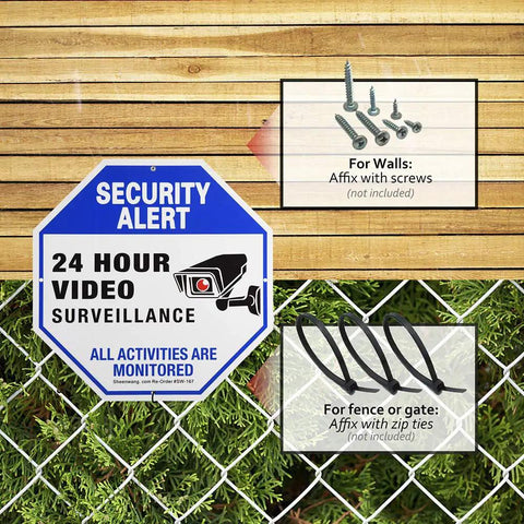 2 Pack Outdoor Security Camera Signs For Home Or Biz, Video Surveillance Signage Featuring UV Printed 40 Mil Aluminum, mounted on fence