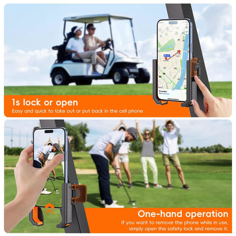 Dope Magnetic Golf Cart Phone Holder With Powerful N52 Magnet Base Fits EZGO Club Car Yamaha Icon And All 4.5 To 7 Inch Smartphones Like iPhone Samsung Xiaomi securely holding phone in golf cart.